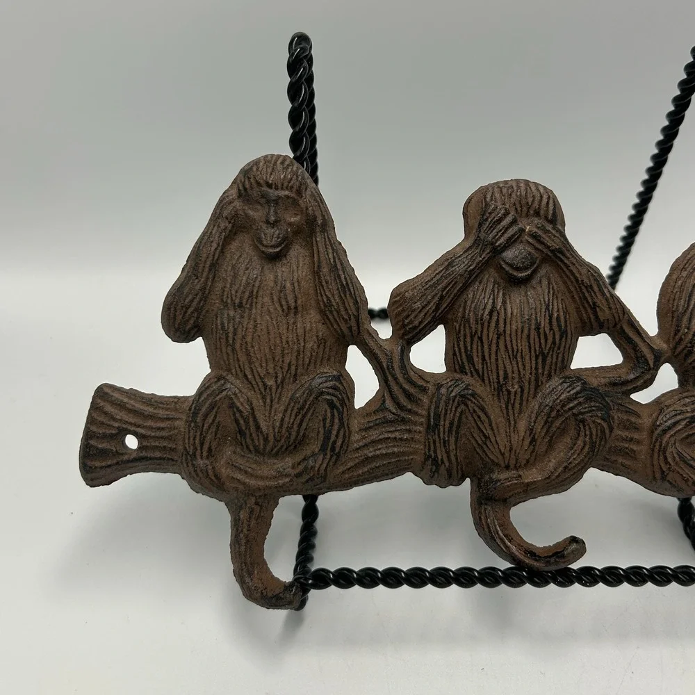 Cast Iron Monkey Hooks Wise Hear See Speak No Evil Coat Hat Key Wall Hanger